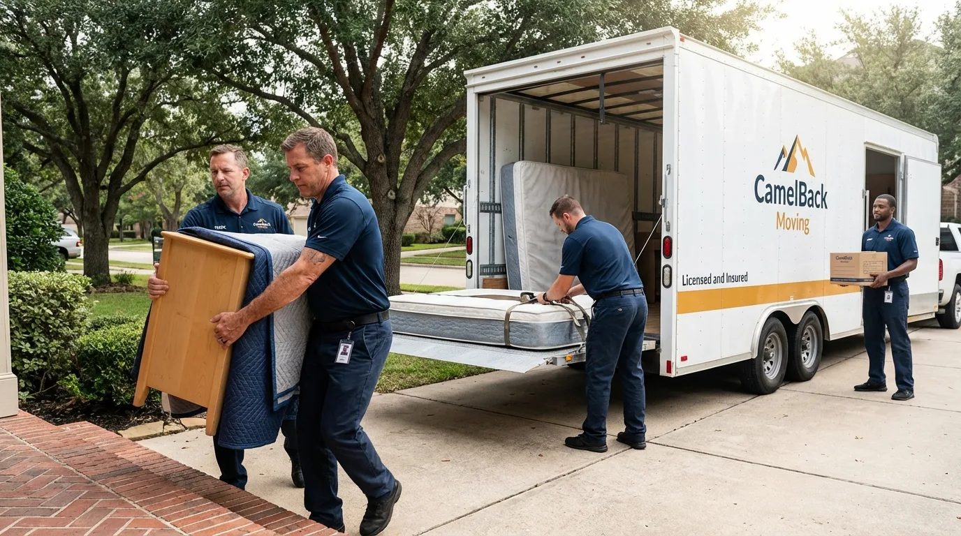 Crew loading residential truck for cross-state move from Oakfield, NY