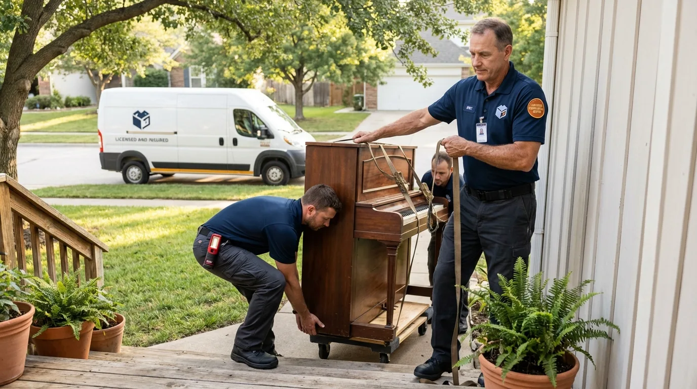 Licensed piano movers securing grand piano in Oakfield, NY
