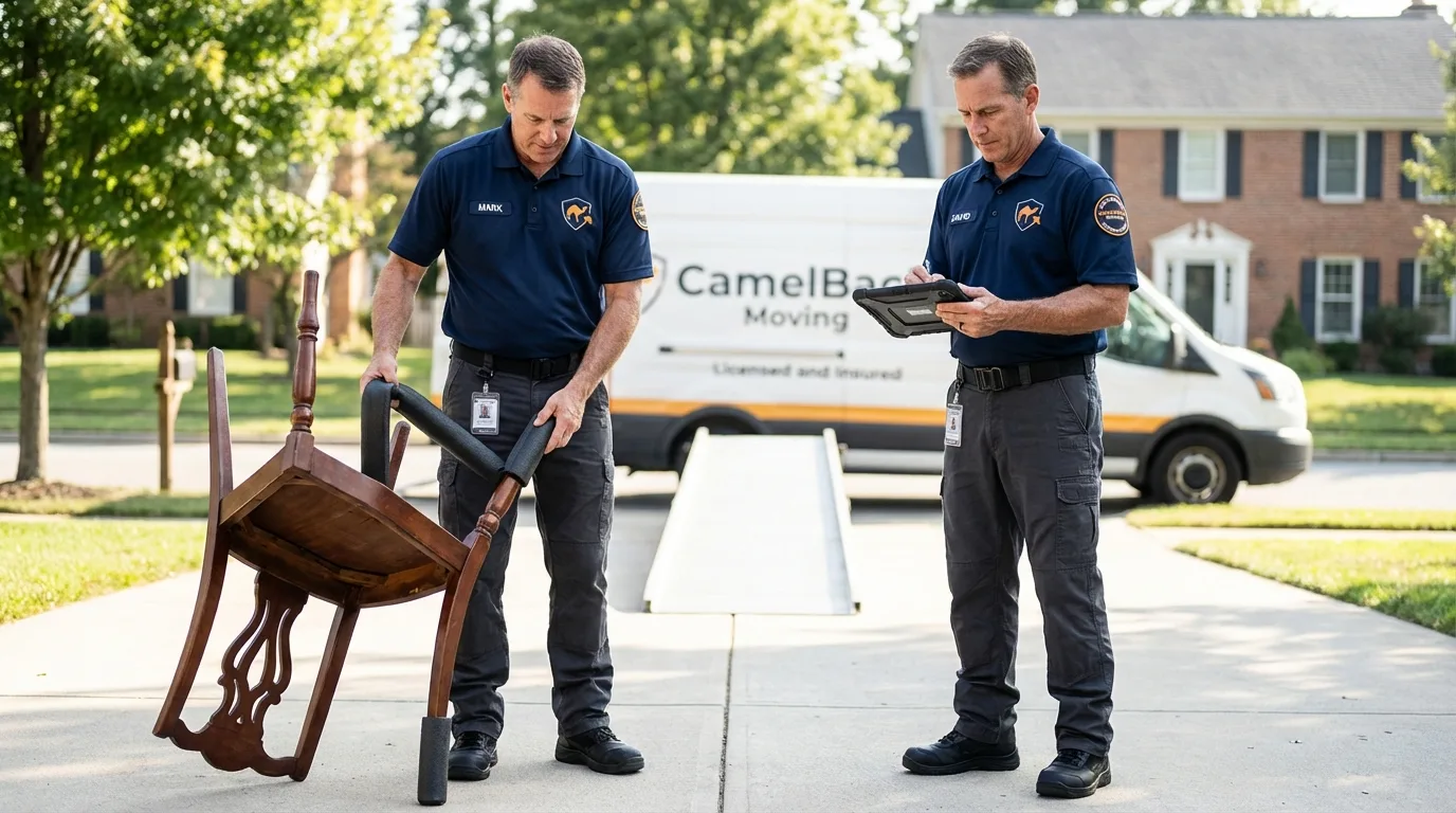 Movers inspecting furniture for damage prevention before loading in Oakfield, NY