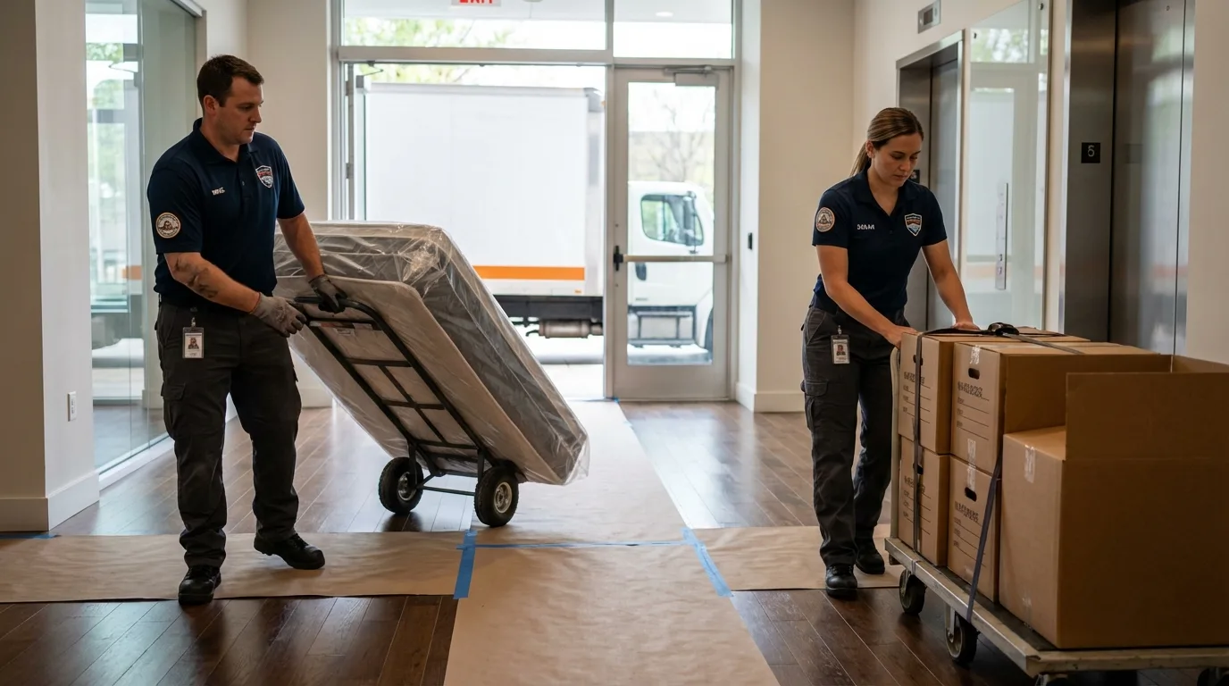 Professional apartment movers loading elevator in Oakfield, NY