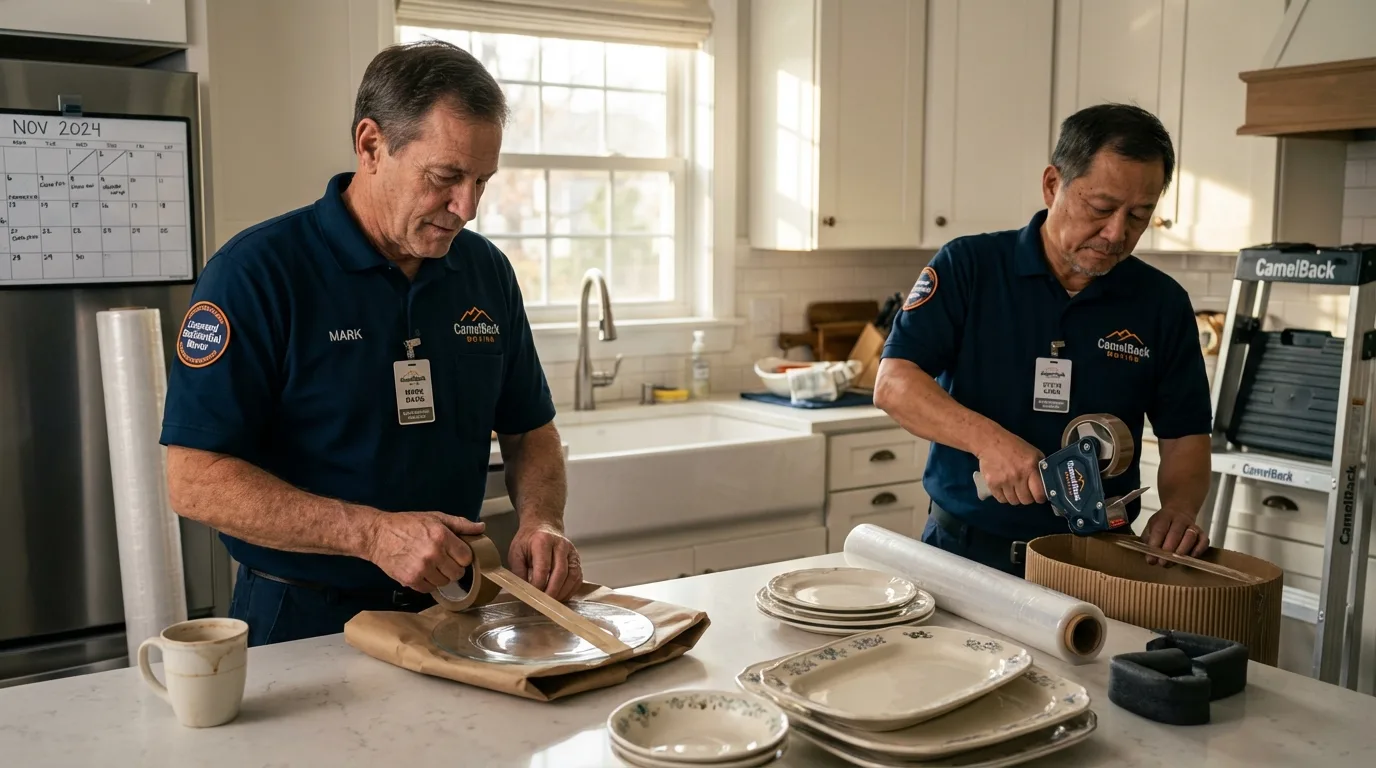 Professional crew packing kitchen dishware in Oakfield, NY
